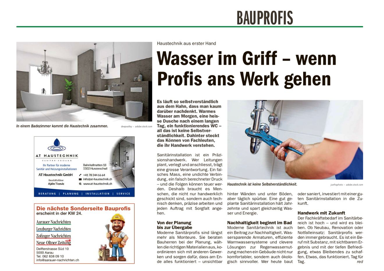 Zeitungsinserat Bauprofis über AT Haustechnik